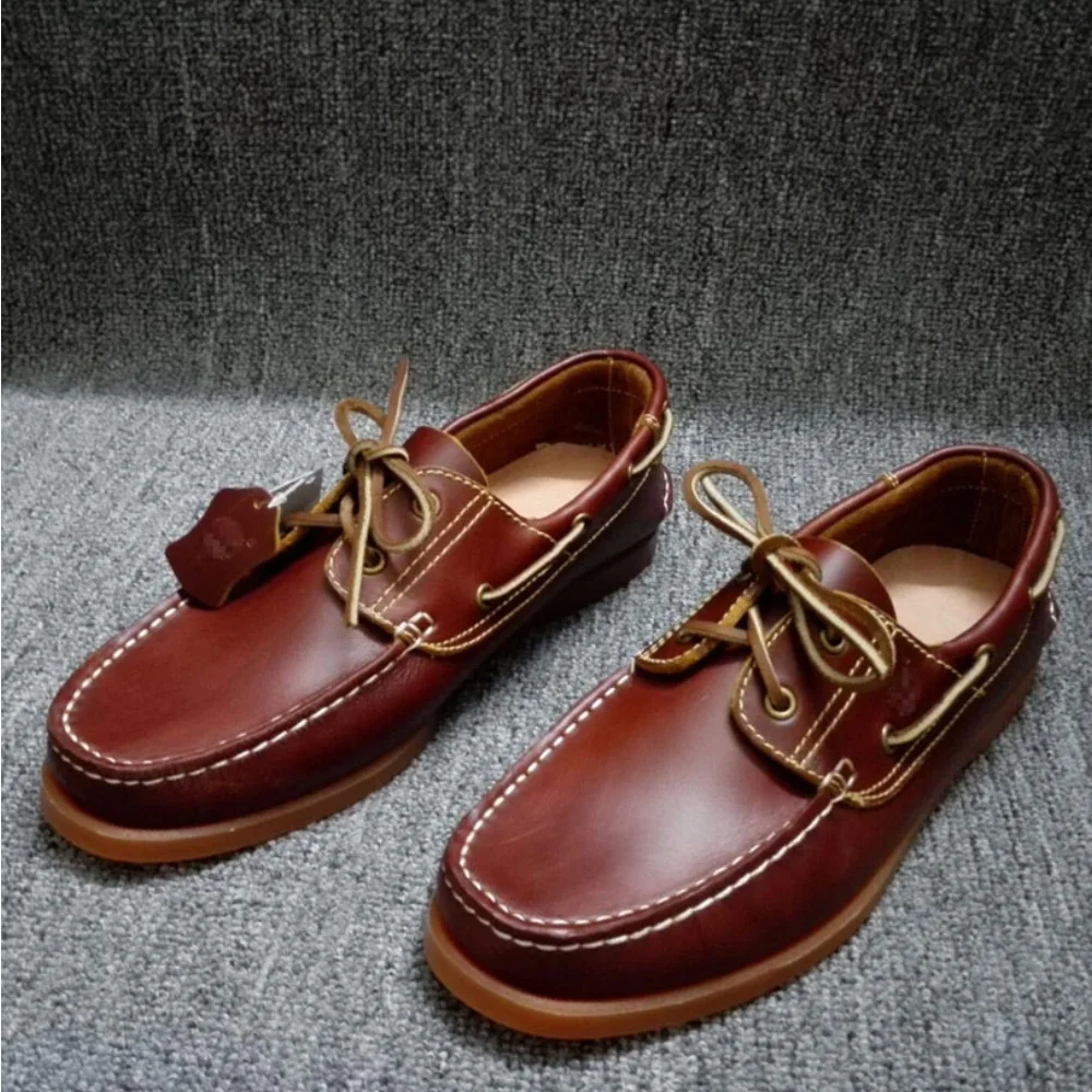 Fashion Genuine Leather Men\'s loafers Retro Low-top British Work Shoes Casual Breathable Boat Shoes Driving Wine red Handmade