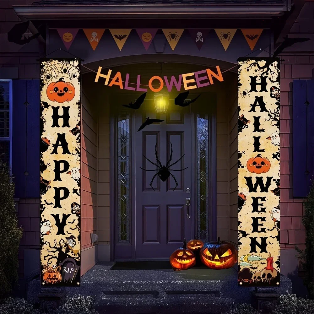 Happy Halloween Vertikales Verandabanner-Set Vintage Kürbis Geist Spinne Totenkopf Fledermaus Türdekorationen für Halloween Hängedekorationen