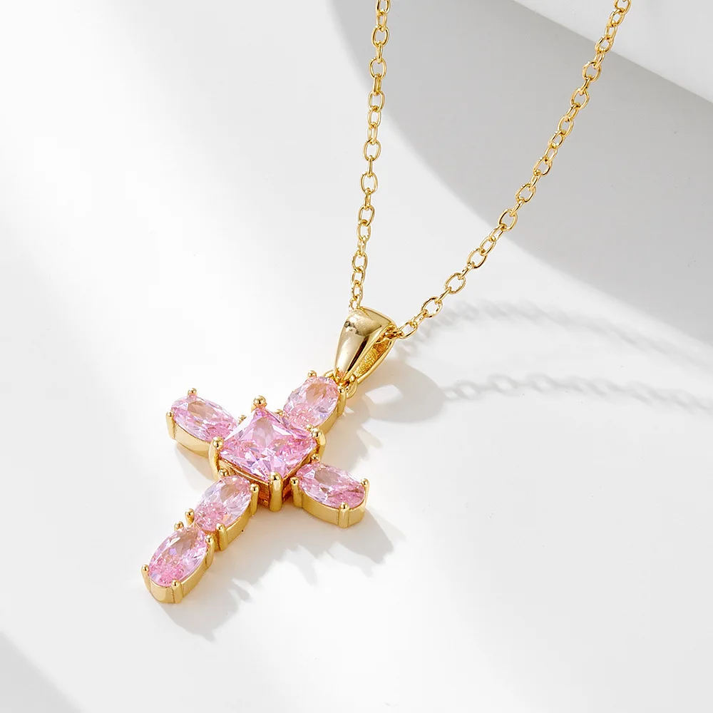 

Ожерелье с крестом из стерлингового серебра S925 с розовым цирконом для женщин, модная минималистичная цепочка на ключицу