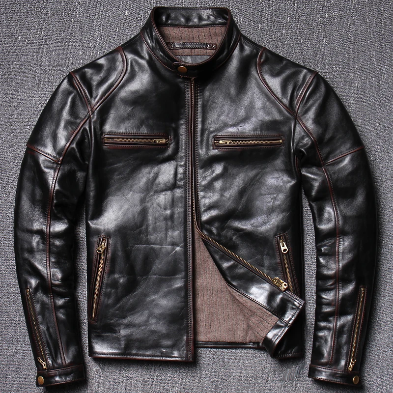 

Винтажная мотоциклетная куртка из натуральной состаренной кожи для мужчин, классическая модель с воротником-стойкой, ретро-куртка для езды