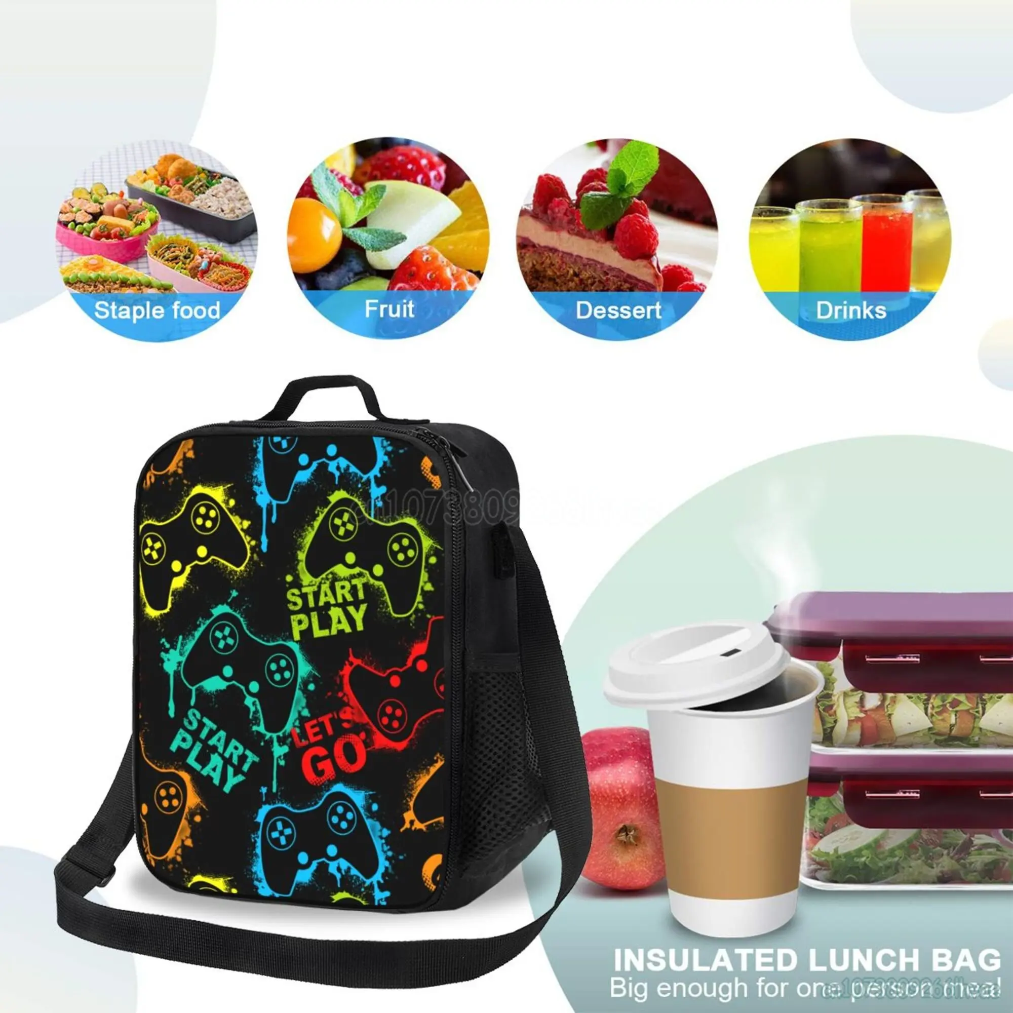 Colorful Video Game Lunch Bags Thermal Lunch Box Insulated Cooler Bag Reusable Tote Shoulder Bag for Outdoor Picnic Meal Office