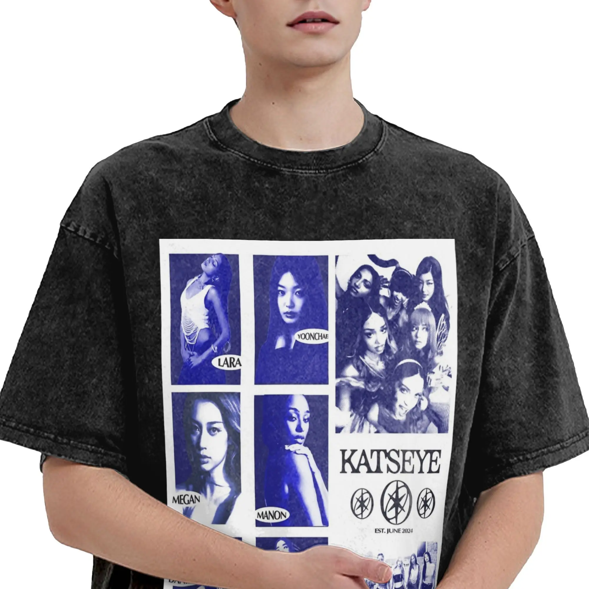 Mens T Shirt Blue Katseye Kpop Washed T-Shirts Trending  Summer Tees Streetwear Print Casual Clothes Hot Sale