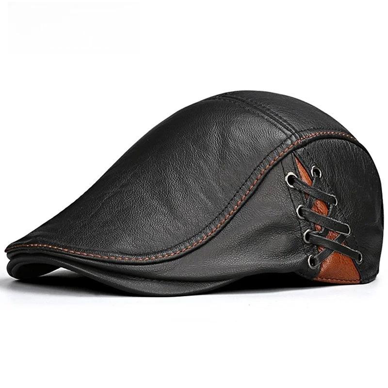 Single-layer cowhide peaked cap Men's autumn/winter leather casual forward hat Thin for the elderly