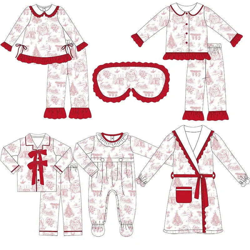 Wholesale Christmas Casul Ruffled Toddler Girls Pajamas Long Sleeves Newborn Jumpsuit Sleepwear Outfits with Robe