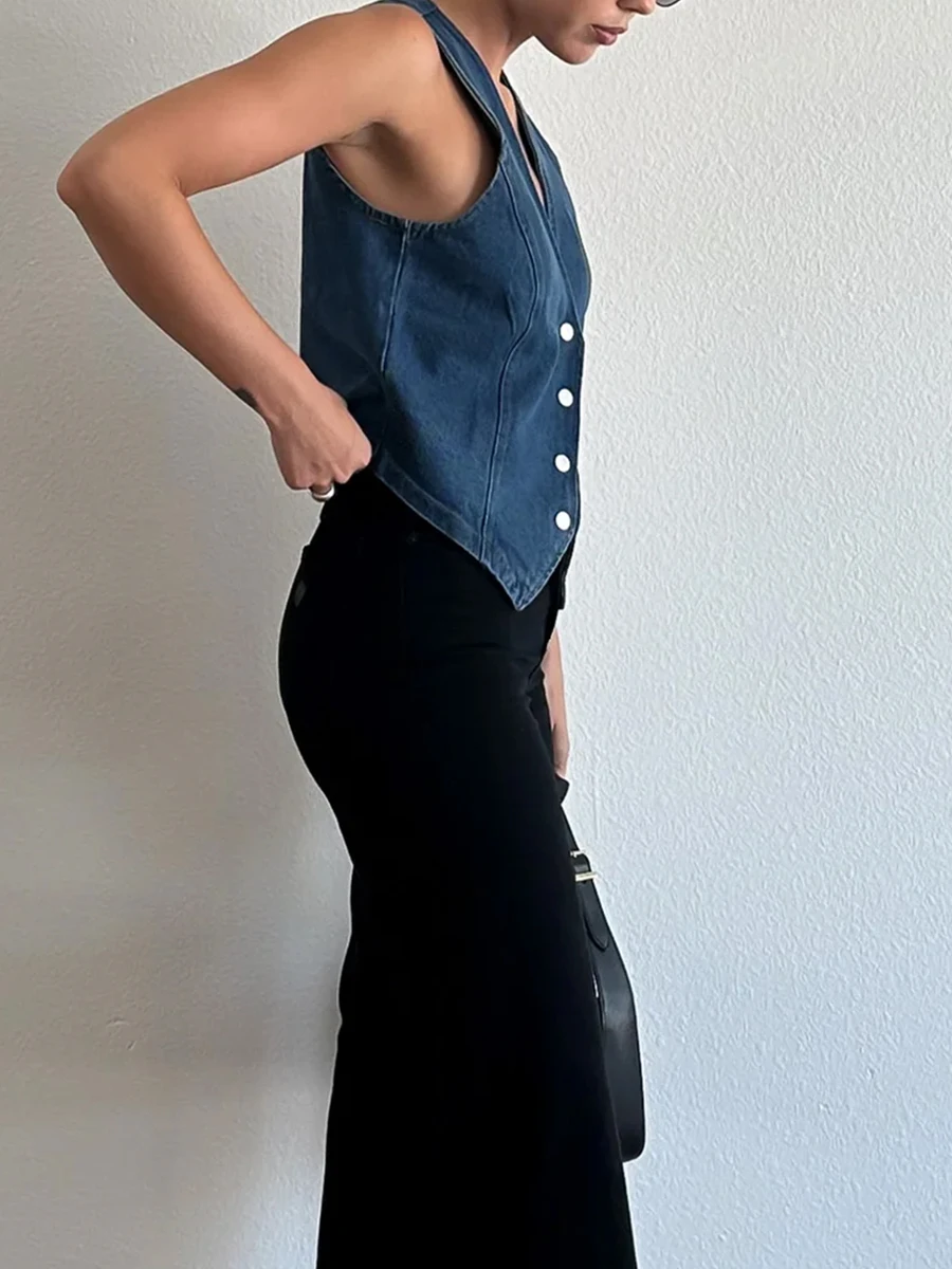 Vrouwen Y 2K Vintage Denim Vest Korset Mouwloos Gilet V-Hals Tank Tops Knoop Down Onregelmatige Zoom Jean Slim Jasjes