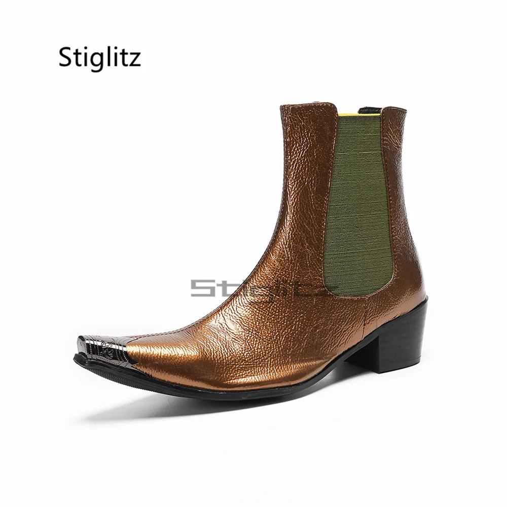 Gold Genuine Leather Chelsea Boots for Men High Heels Metal Pointed Toe Stretch Ankle Western Boots Trendy Dress Party Shoes