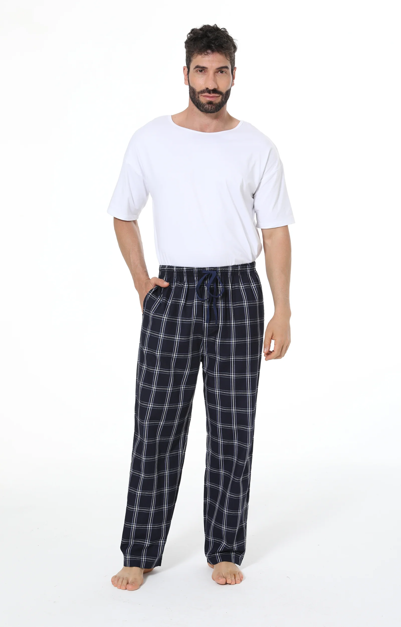 Pantalones sencillos de algodón para hombre, ropa de casa informal a cuadros, de cintura elástica, holgada, con bolsillos de cordón, parte inferior de pijama, 3 piezas