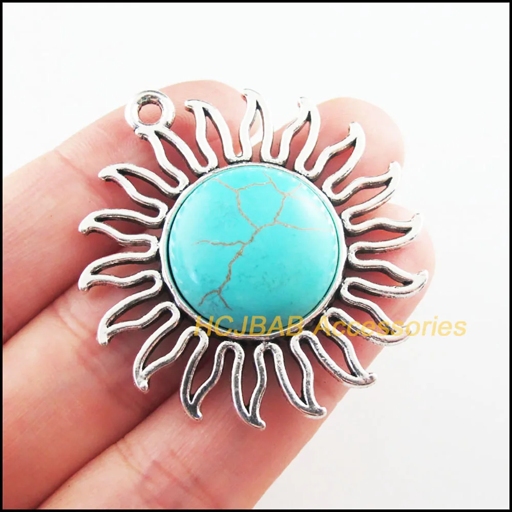 2Pc Retro Tibetan Silver Sun Flower Charms Pendants 42.5x46mm