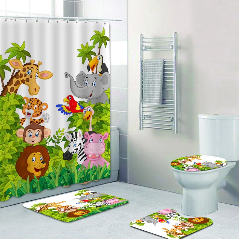 Funny Cartoon Jungle Animals Giraffe Toucan Zebra Bathroom Curtain Shower Curtain Set Cute Safari Lion Bath Mats Rugs Home Decor