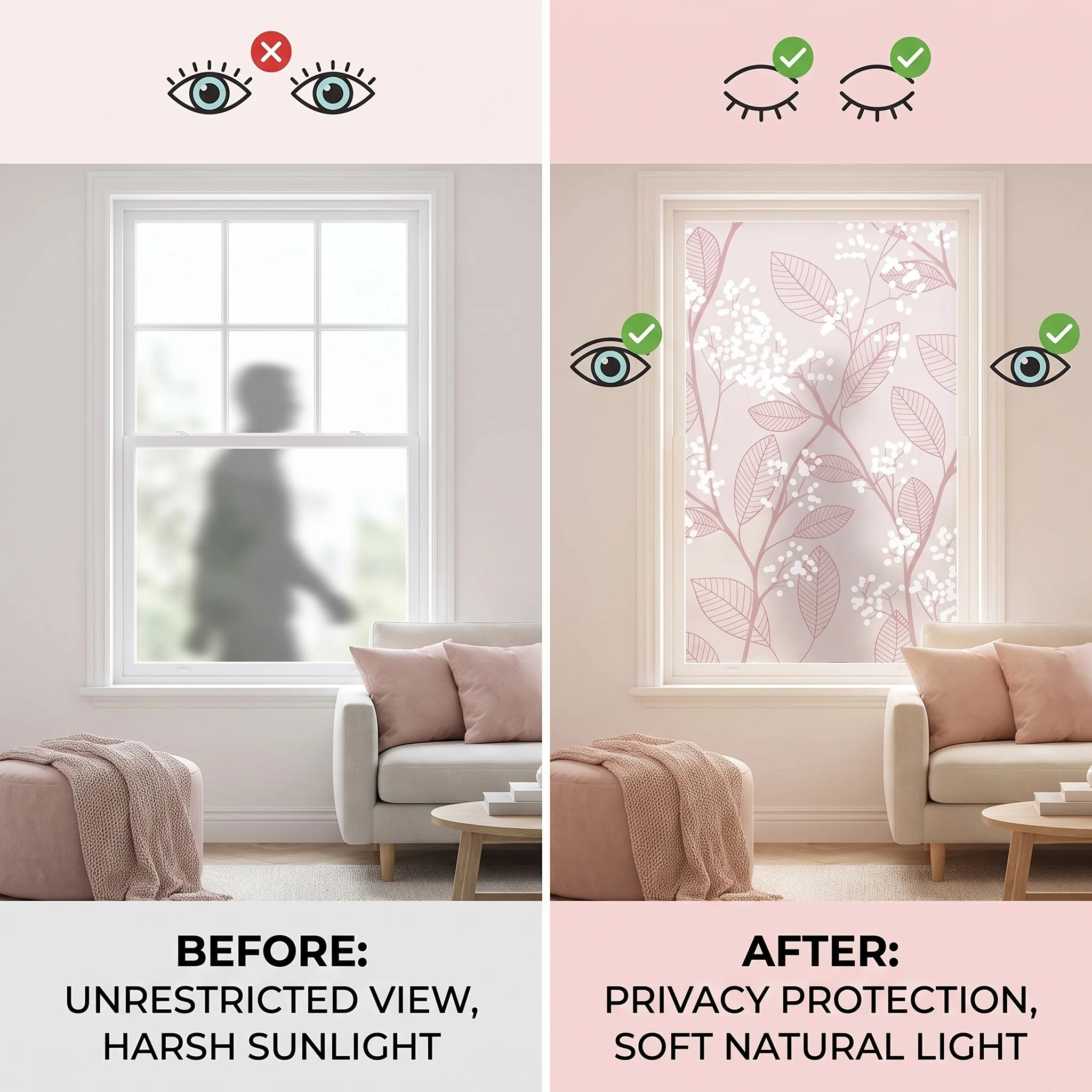 Gentle Pink Leaf Floral Pattern Self-Adhesive Frosted Glass Window Film Privacy Cover for Home Balcony Office Interior Decor