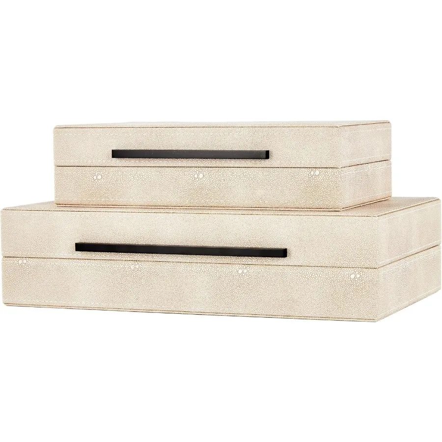 

Shagreen Drative Boxes Set of 2 Leather Jewelry Storage Box Modern Storage Boxes with Lids Ivory Stacking Boxes with Black Meta