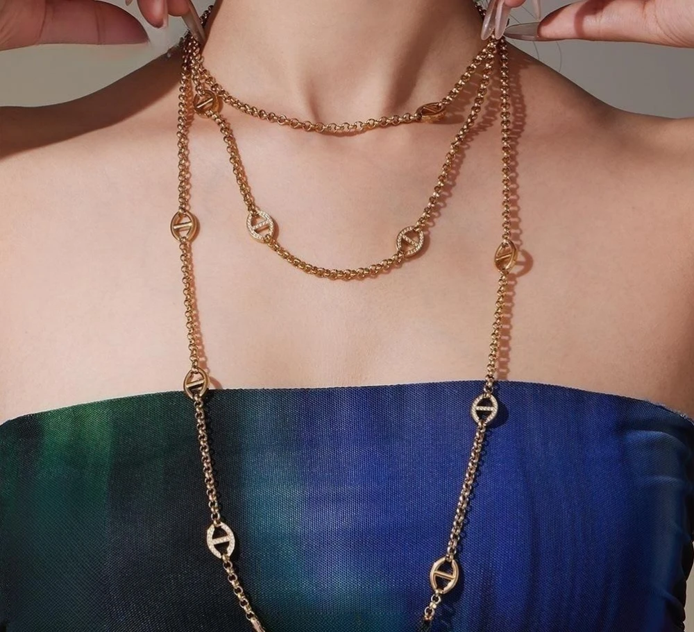 

Titanium Steel Gold Long Chain Necklace for Women Trendy Oval Link Statement Jewelry Fashion Elegant Layering Necklace
