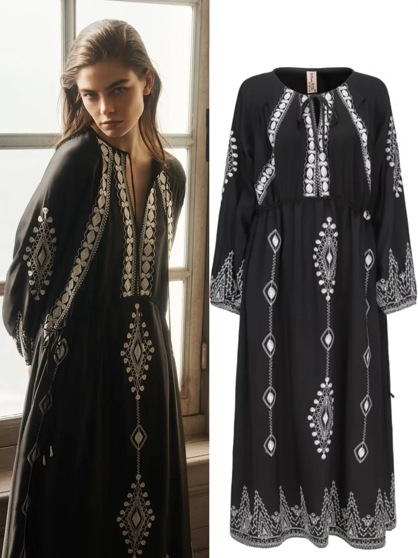 New Vintage Women V Neck Black Embroidery Flower Vacation Maxi Dress Bohemian Summer High Drawstring Waist Loose Long Vestidos