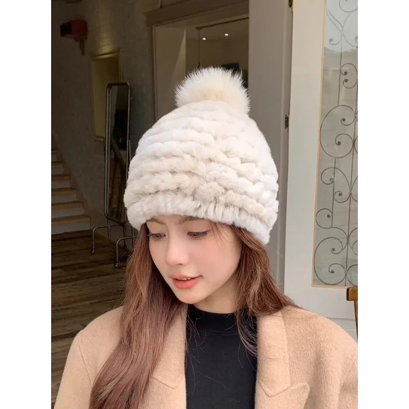 Korean real rex rabbit fur hat fox hairball ear protection hat thickened warm and cold-proof headgear showing face little girl