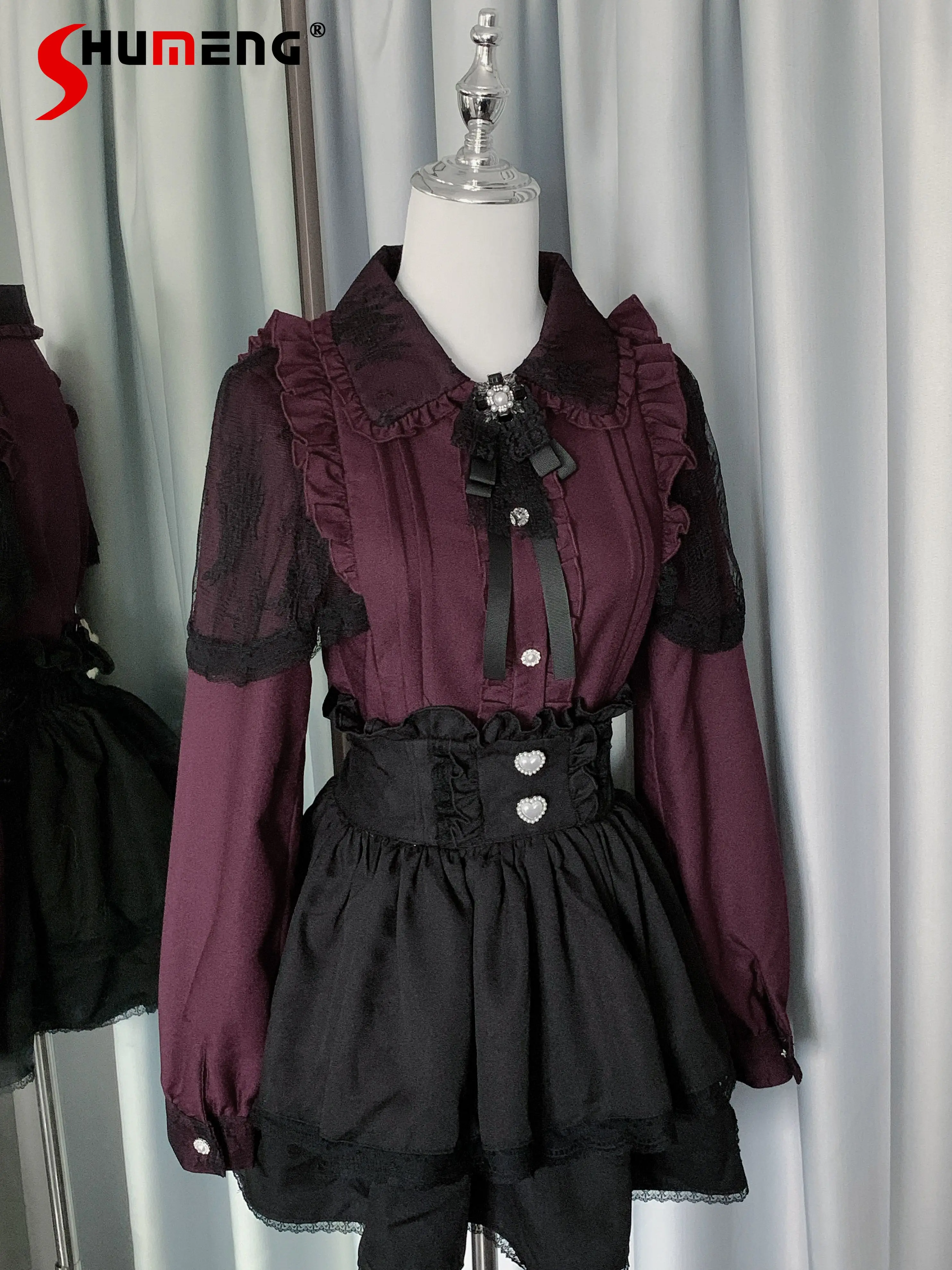 Japanese Mine Style Mass-produced Bow Lace Long-sleeved Single-breasted Shirt High Waist A-line Short Skirt Two-piece Sets Women