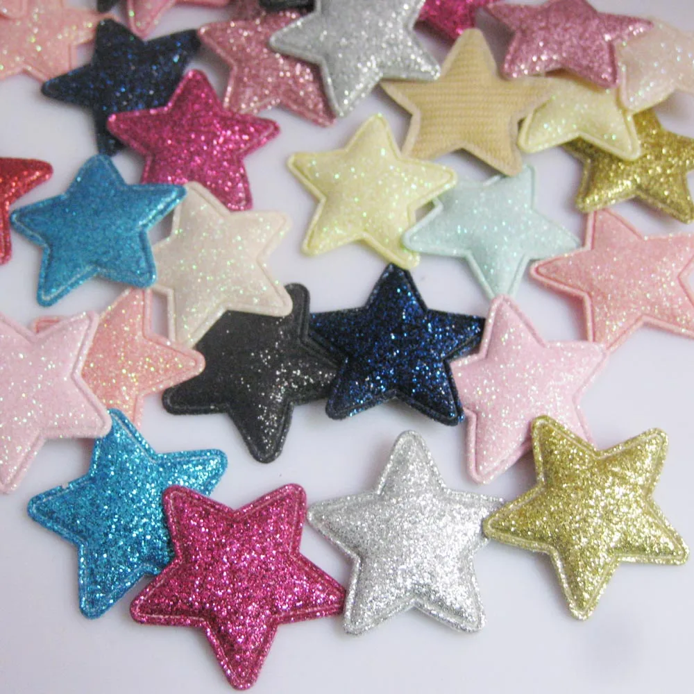 PANNEO About 34MM Glitter Star Appliques For Craft Design 50Pcs Multicolors DIY Scrapbook Headwear Ornament Clothes Accessories