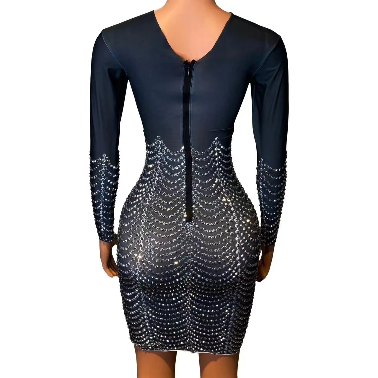 Abito con strass Cantante Performance Wear Donna Nero Manica lunga Festa di compleanno Abiti da festival Costume da drag queen VDB7953