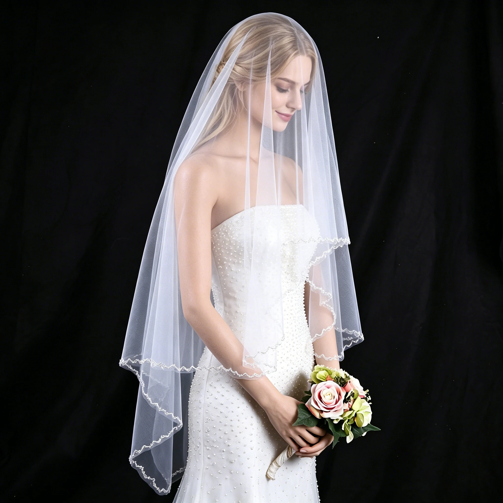 Two-Tier Bridal Veil with Pearls&Crystals Edge, Soft Tulle Wedding Veil with Comb for Bride, Short Veil Wedding Accessory G121