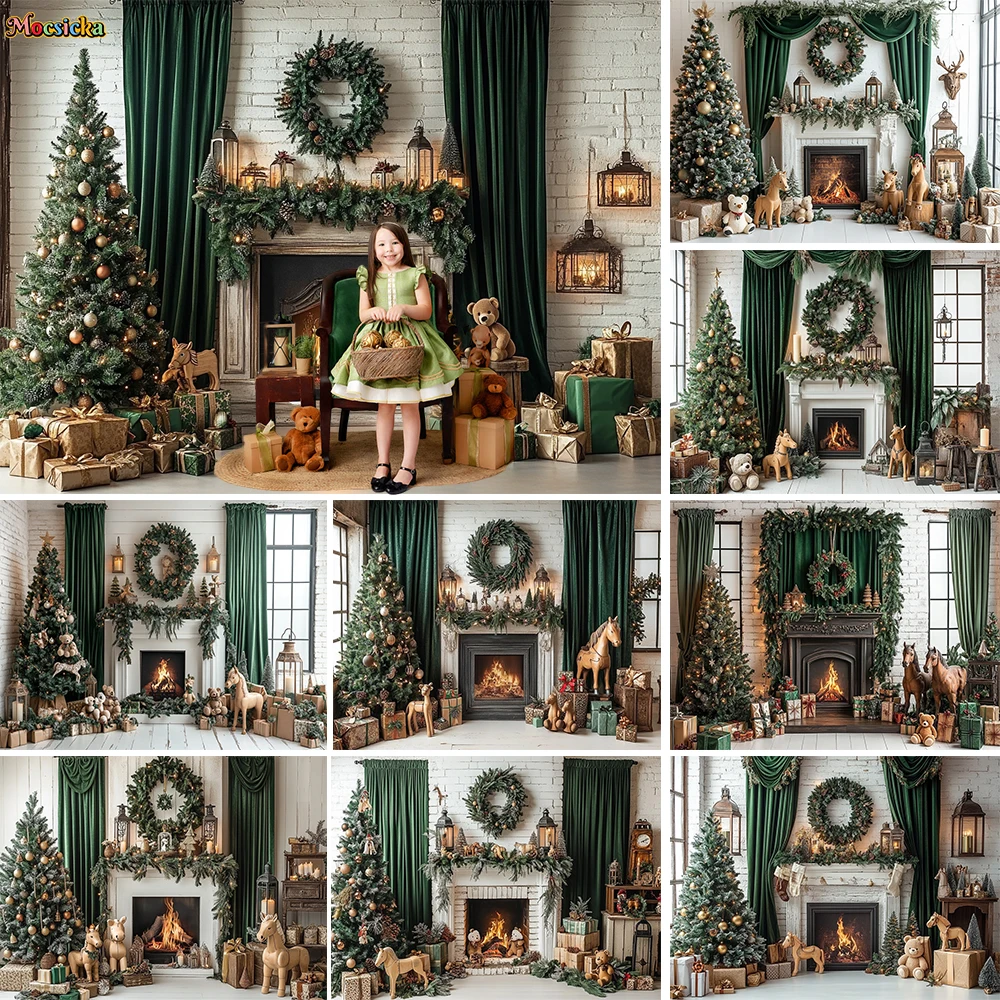 Vintage Christmas Fireplace Background Photography Green Curtains Wreath Xmas Tree Gifts Room Backdrop Kid Winter Birthday Photo