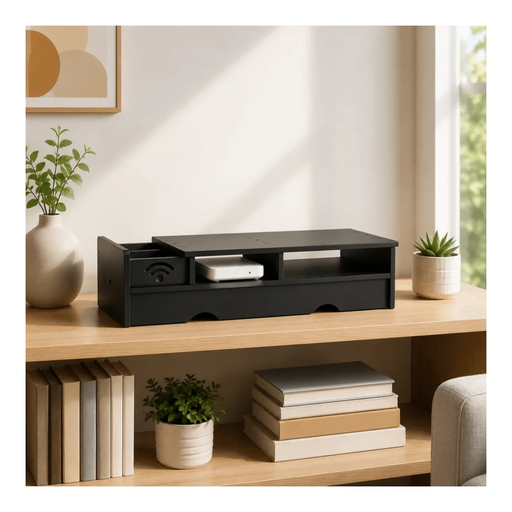Black Matte WiFi Router Storage Box Compact Desk Organizer For Clean Tech Setup In Home Office, Bedroom Living Space