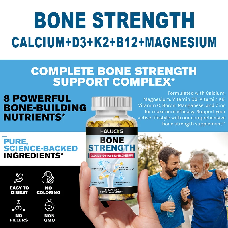 Bone Strength Supplement Capsules with Calcium Magnesium Vitamin D3 K2 Zinc & B12, Bone & Muscle Support - High Absorption