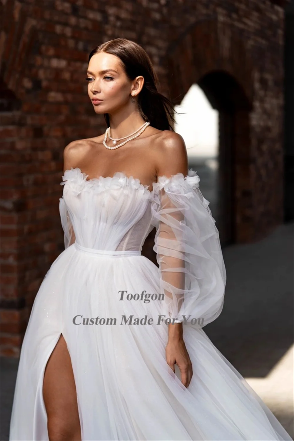 Toofgon Shiny Tulle abiti da sposa da sposa sbuffo rimovibile maniche lunghe fiori abiti da sposa Boho fessura laterale abiti da sposa principessa