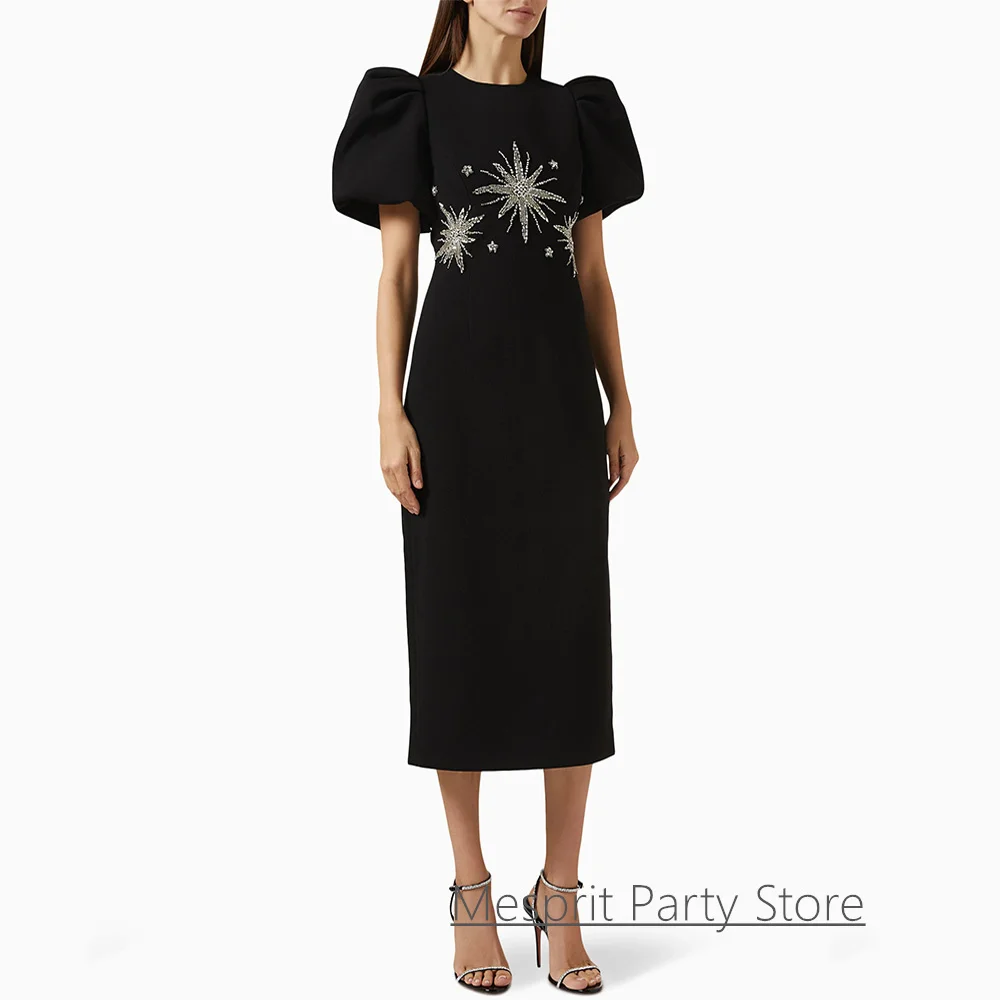 

Black Cocktail Party Dresses Customized Round Neck Short Sleeves Beading Sequined Tea Length Arabian Party Gown Prom Dress