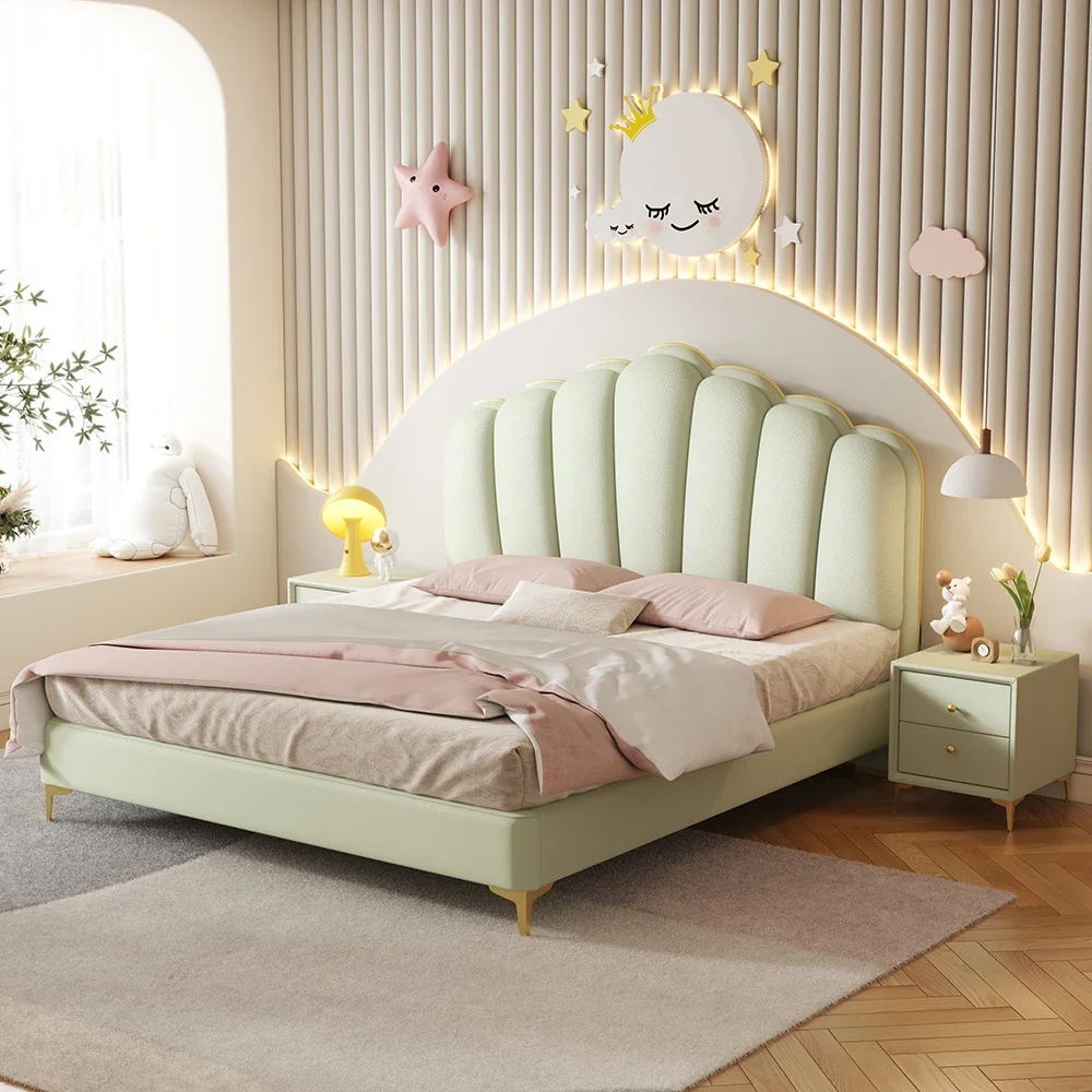 New Modern Single Kids Bed with Revolving Wooden Frame Up-Holstered Bedroom Furniture Soft Style Children's Bed for Girl Child