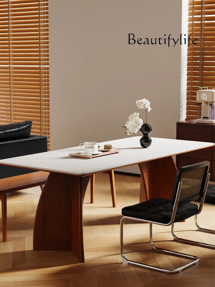 

N45 French retro style light luxury solid wood rock slab dining table for home use modern simple small apartment dining table