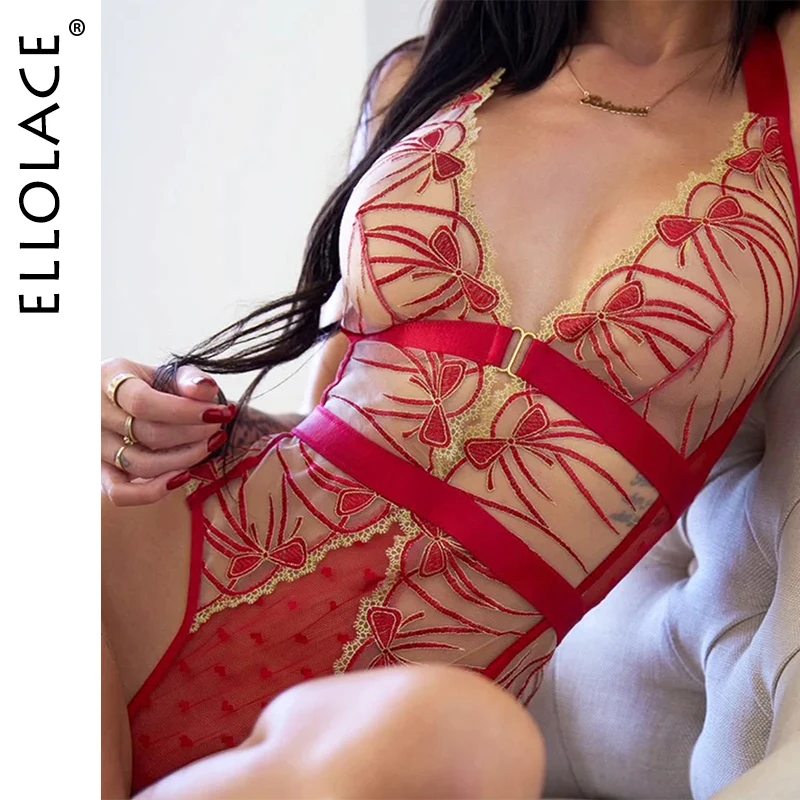 

Ellolace Erotic Sexy Lingerie Luxury Halter Bodysuit Belt 2PC with Gloves Stockings Seductive Embroidered Open Crotch Party Kit