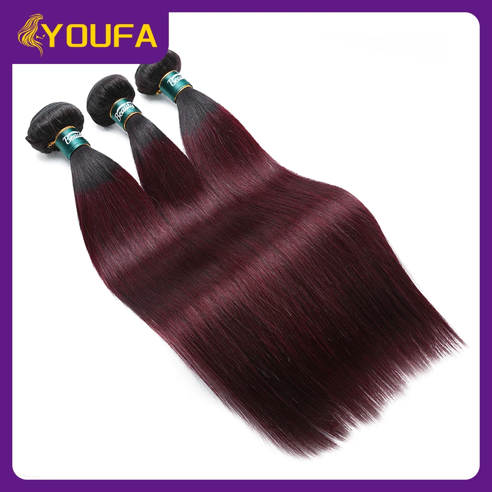 Ombre 99J Burgundy Straight Human Hair Bundles With Closure 100% Human Hair Weave 3 Bundles With 4x4 Transparent Lace Closures