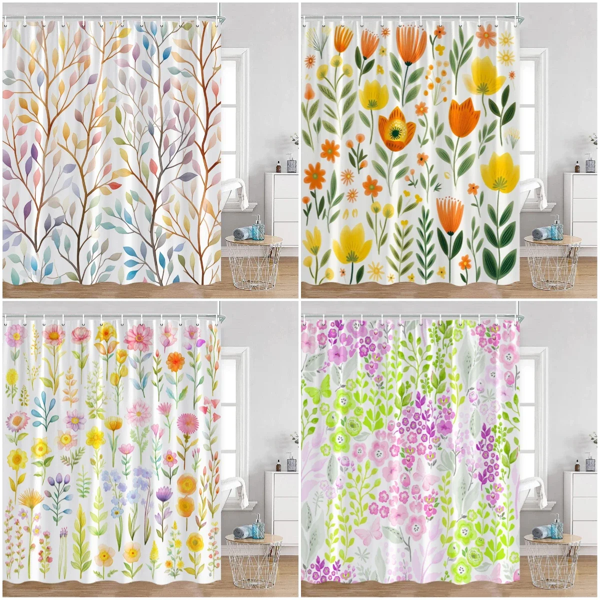 Colored Leaves Trees Shower Curtain Watercolor Plants Flowers Butterflies Bathroom Decorations Spring Greenery Bathtub Curtain