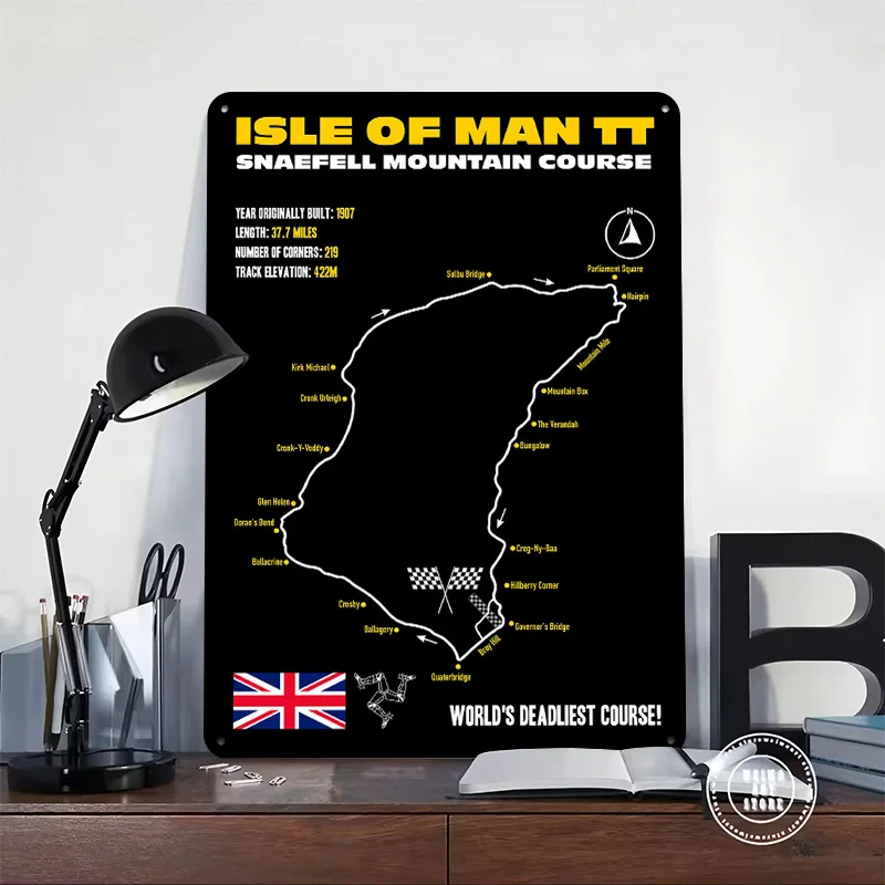 Isle of Man TT Snaefell Course Map 3D Printed Texture Poster Personalized Wall Art Retro Metal Tin Signs for Home and Decoration