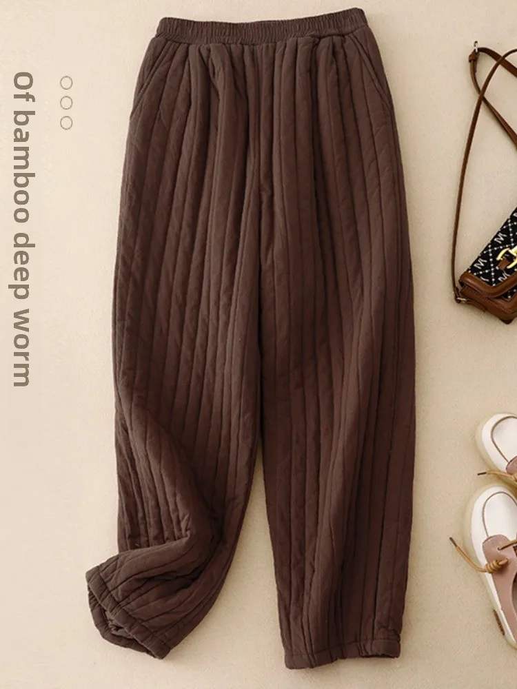 

Хлопковые льняные полосатые хлопковые брюки в стиле ретро, женские повседневные свободные талии больших размеров, теплые длинные брюки, осенне-зимняя верхняя одежда