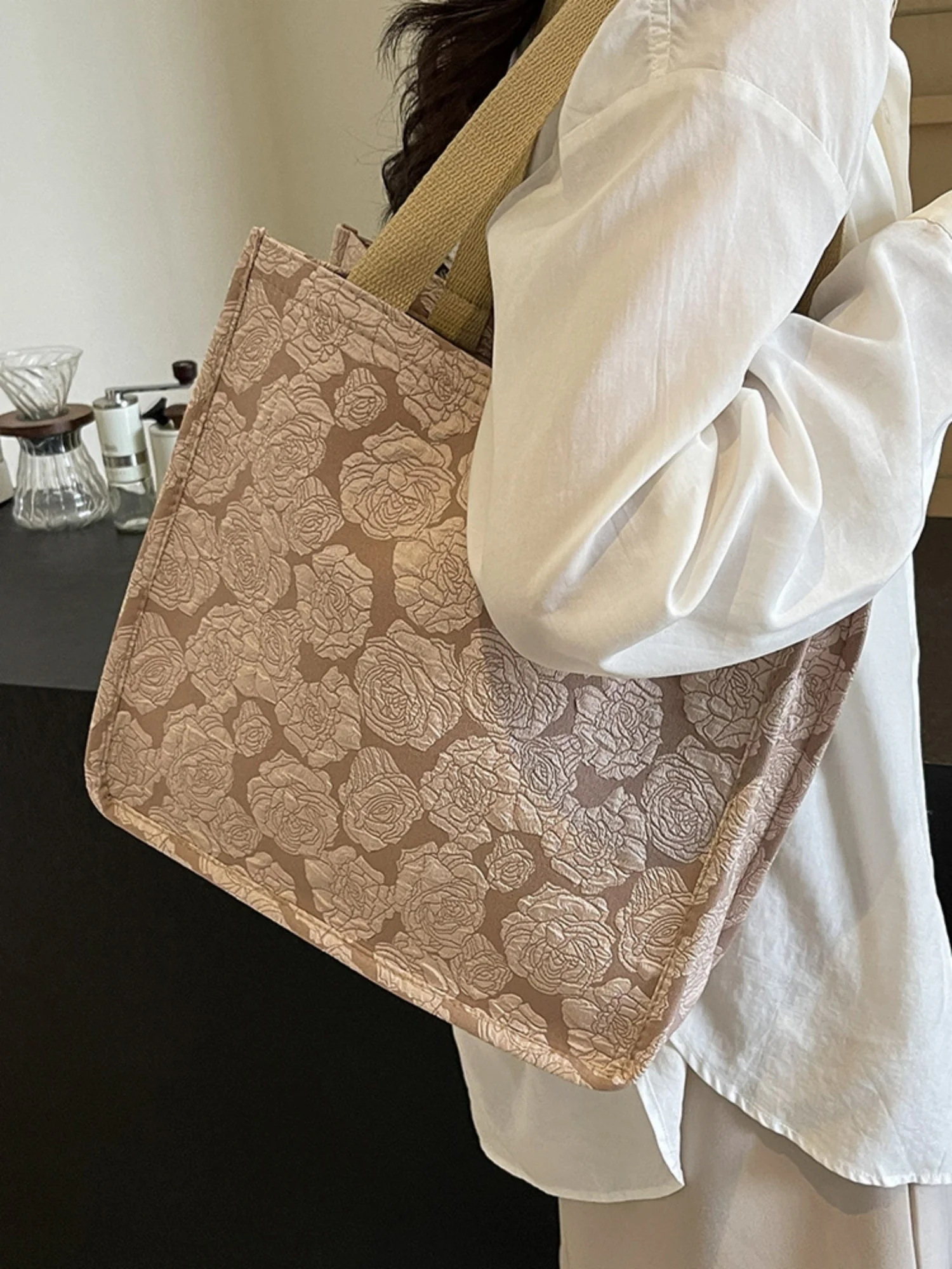 

Rose Embossed Elegant Handbag Textured Minimalist Chic Tote Bag For Women Trip Party Daily Commute Spacious Versatile Handy