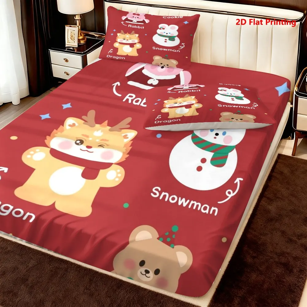 Cute Animal Christmas-Themed Colorful Bedding Set, Mattress Protector, Breathable Polyester Material (Includes 1 Fitted Sheet + 2 Pillowcases), Fitted Elastic Mattress Protector, Fitted Sheet Style, Protective Cover, Mattress Protector, Fitted Sheet Style Bedding, Christmas-Themed Bedding, Baby Bedding, Suitable for Nursery