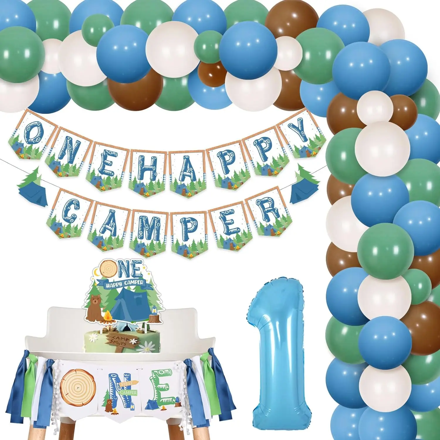 One Happy Camper 1st Birthday Decor Banner Cake Topper Balloon Arch Number1 Balloon for Jungle Camping Adventure Lumberjack