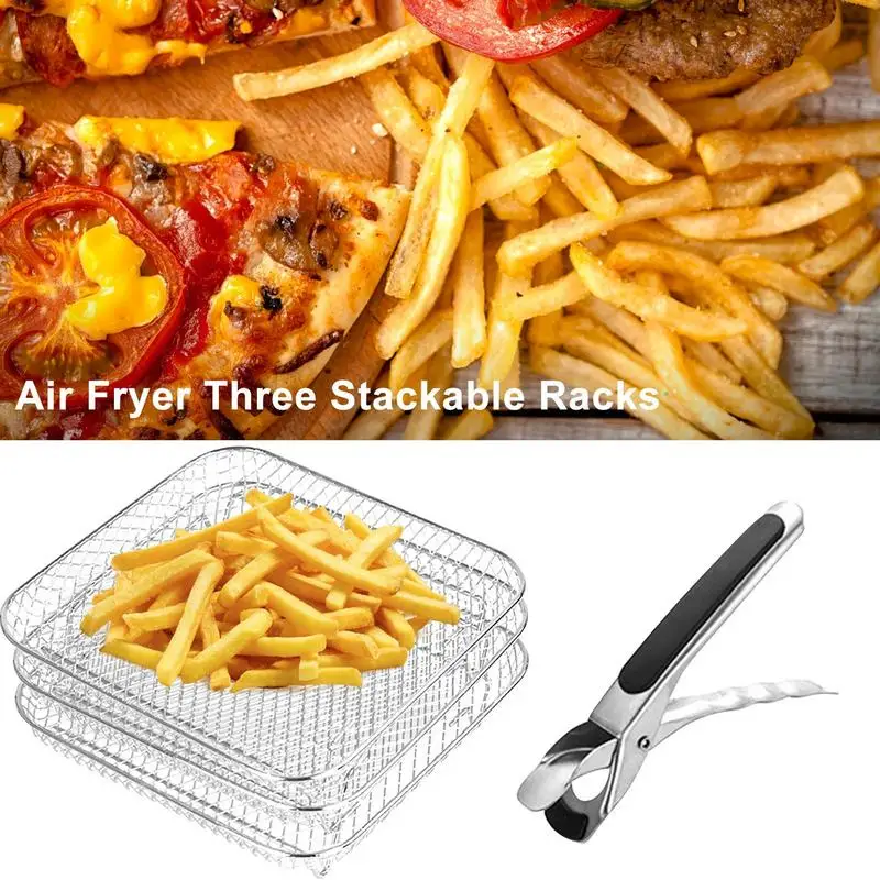 3 Tier Stainless Steel Air Fryer Rack With Tongs Stackable Multi Layer Heat Resistant BBQ Rack Multipurpose Oven Grill Baking