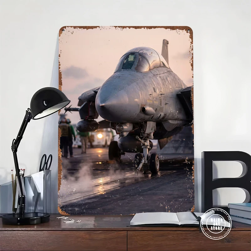 F-14 Tomcat on Aircraft Carrier Deck Poster Customized Vintage Metal Signs Wall Art Retro Tin Plaque for Interior Accessories