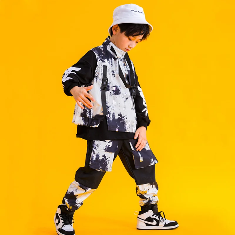 Boy Hip Hop Ink Wash Printed Vest Cargo Pants Kids Joggers Street Dance Girls Clothes Sets Child Jazz Costumes Streetwear Outfit