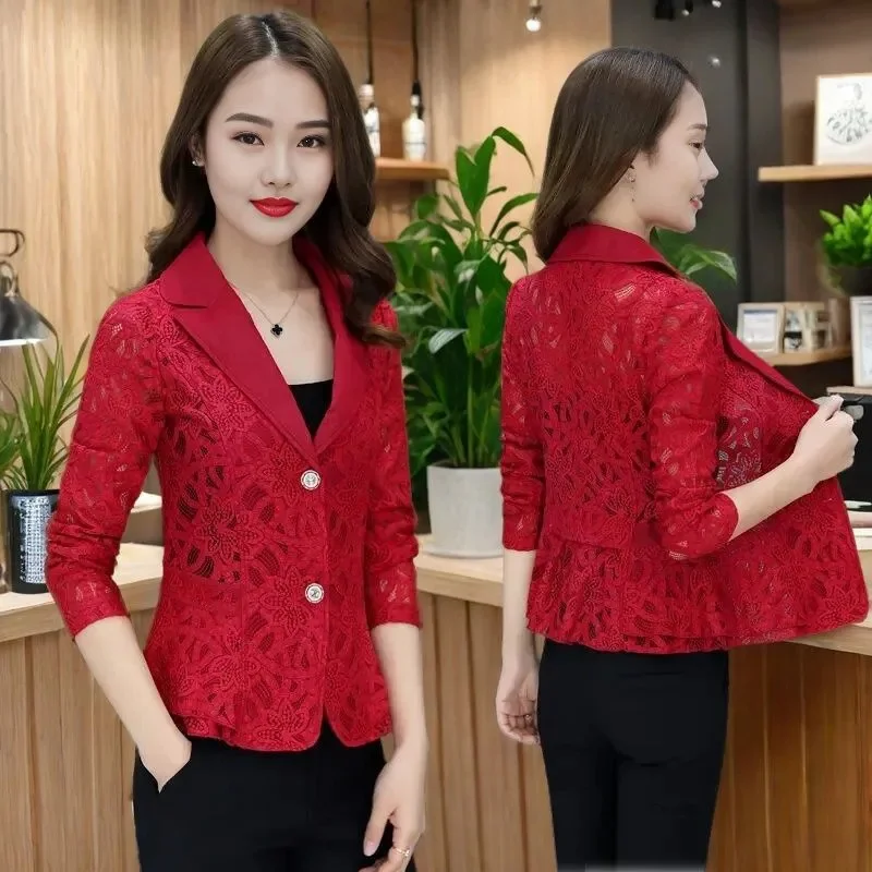 Lace Blazer Jacket Thin Women Spring Summer 2025New Hollow-Out Suit Coats Korean Temperament Outwear Female Overcoat Fashion Top
