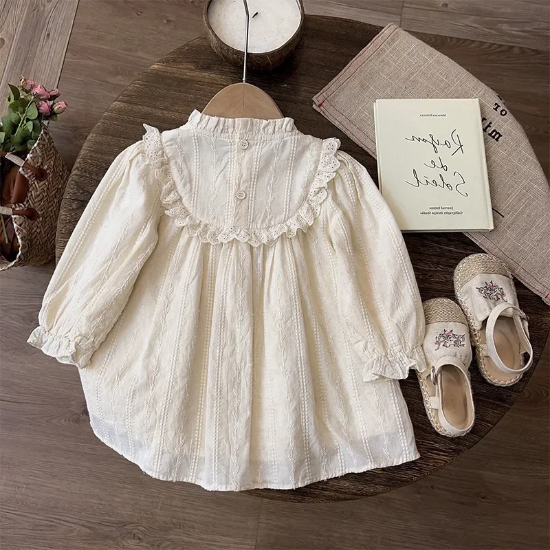 Bowknot Nylon Lace Embroidered Flower Half High Collar Cut-out Princess Dress Autumn Dress Kids Dresses for Girls  Kids