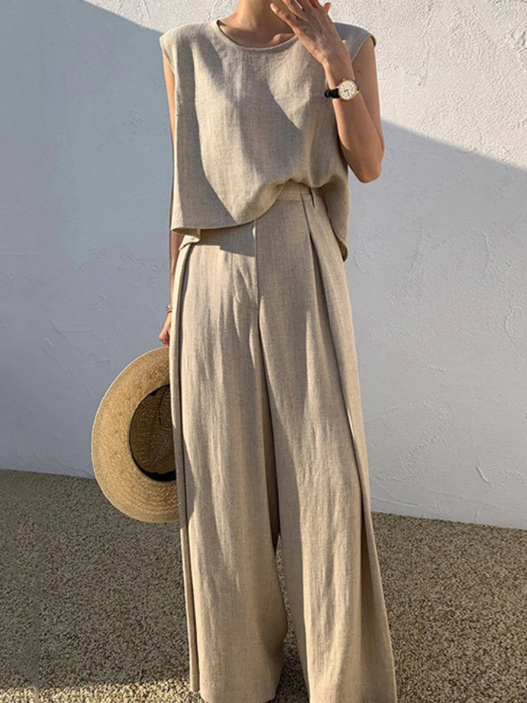 2024 Summer Fashion New Women\'s Elegant Solid Color Cotton and Hemp Set Round Neck Sleeveless Top and Suit Pants Two Piece Set