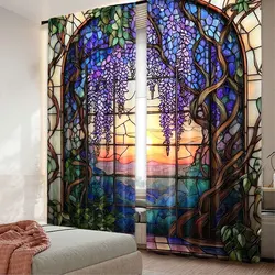2Pcs Vibrant Stained Glass Wisteria Flower Printed Curtains Beautiful Home Decor For Bedroom Bathroom Living Room Dining Room