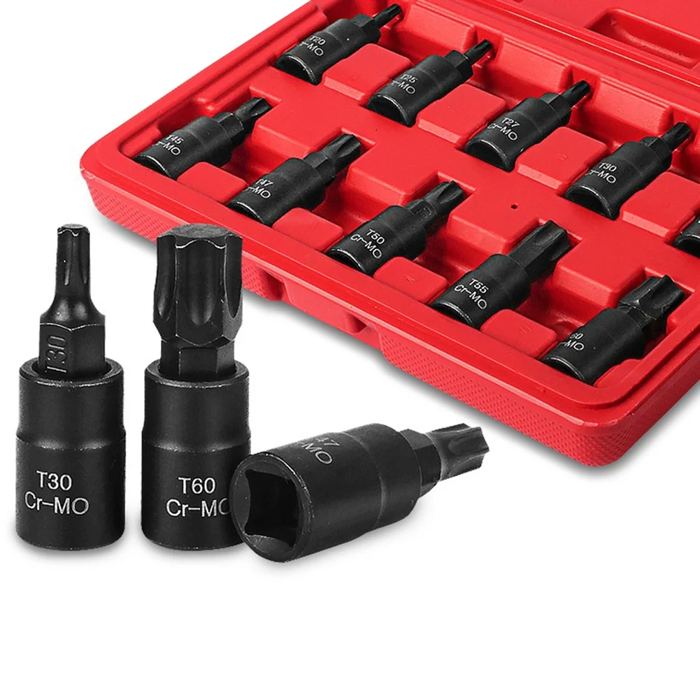 ABXF-10 шт. Набор головок для бит Torx с шестигранной спиннинговой звездой, T20-T60 с улучшенным хранилищем из стали премиум-класса Cr-Mo 3/8 дюйма