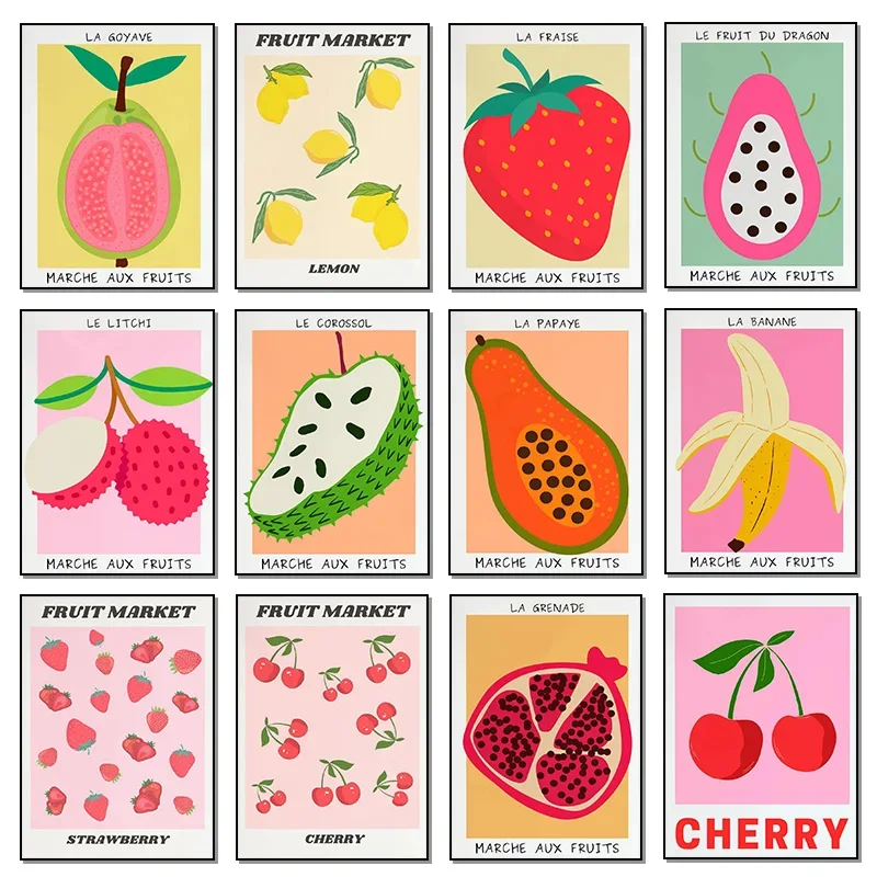 Multiple sizes 1pc frameless Canvas Painting,Fruit Cherry Guava Lychee Papaya Strawberry Soursop Lemon Poster Print Wall Art Pic
