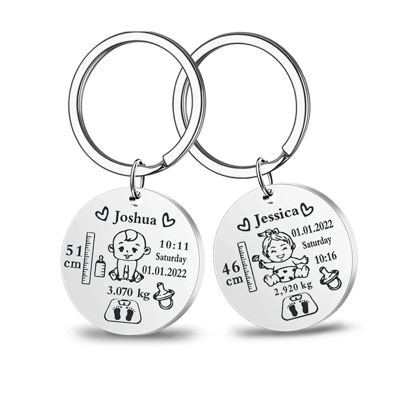 Lovely Personalized Stainless Steel Newborn Baby Keychain Custom Name Birth Weight Height Keyring DIY Gift 2023