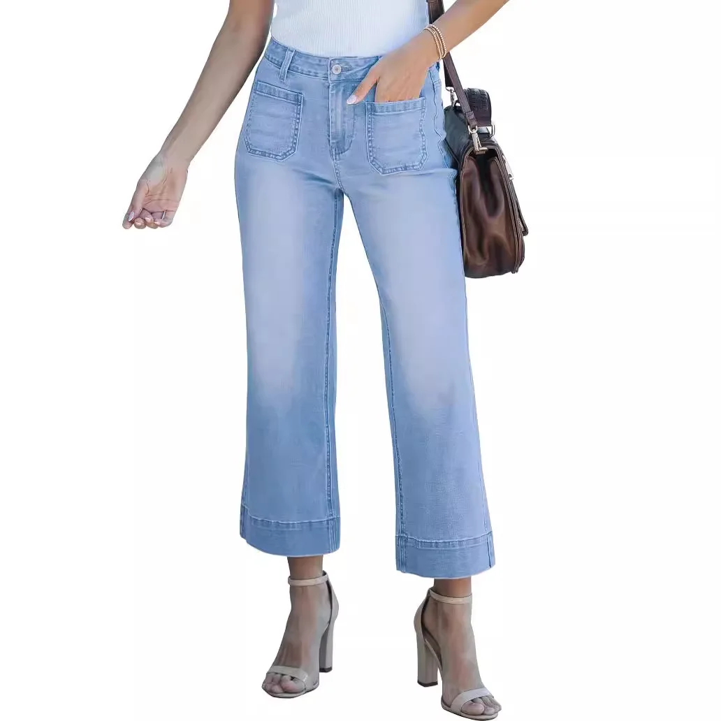 Jeans donna pantaloni dritti Denim vita media tasche larghe Basics pantaloni alla caviglia spessori tinta unita 2024 Casual