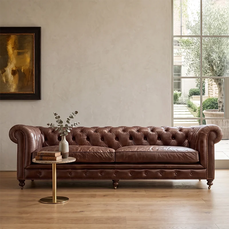 xx-RH KENSINGTON LEATHER Sectional Sofa Modern Style Deep Button Tufting Curved Arms Top Grain Brown Luxury Living Room Set