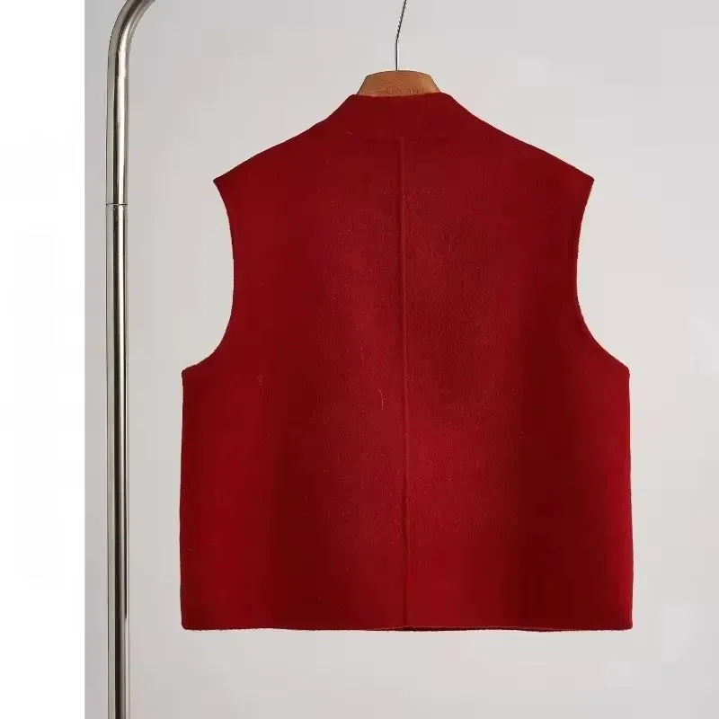 Pop 2025 Spring Chinese Style Red Vest Disc Buckle Sleeveless Vest Short Jacket Elegant Chic Women's Tweed Waistcoat